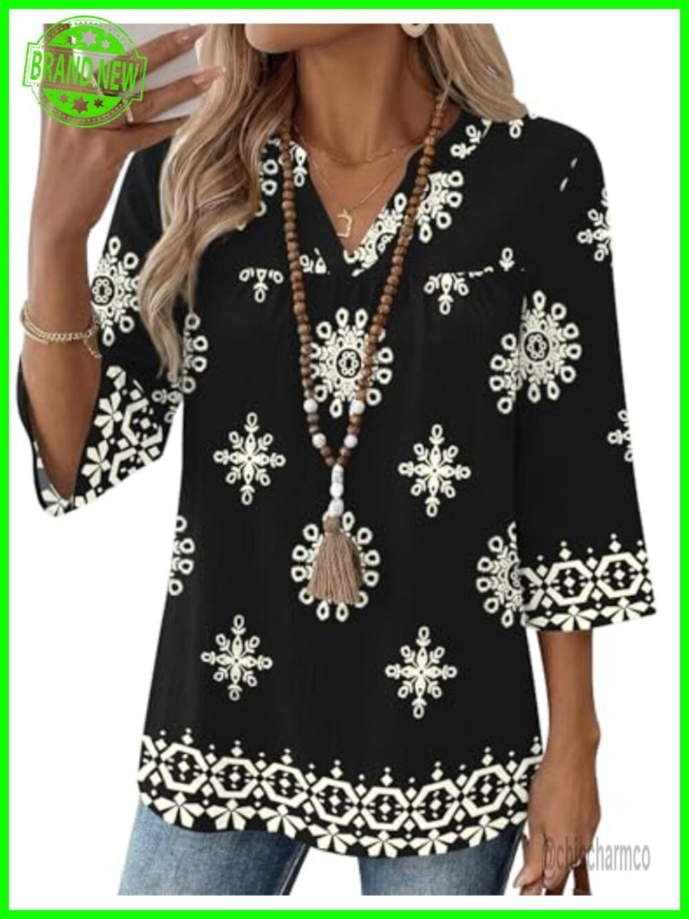 Womens 3/4 Sleeve V Neck Pleated Boho Blouse Loose Fit Dressy Casual Top